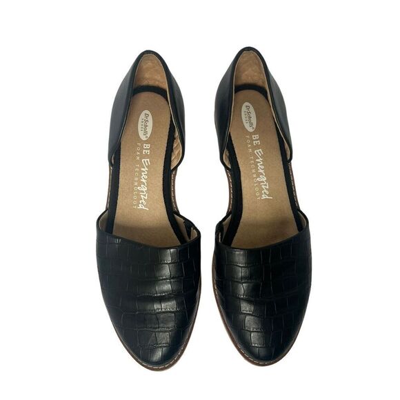 DR SCHOLLS Black Faux Croc Cut Out D'Orsay Flats Shoes 7 Slip On Comfort - Picture 2 of 12